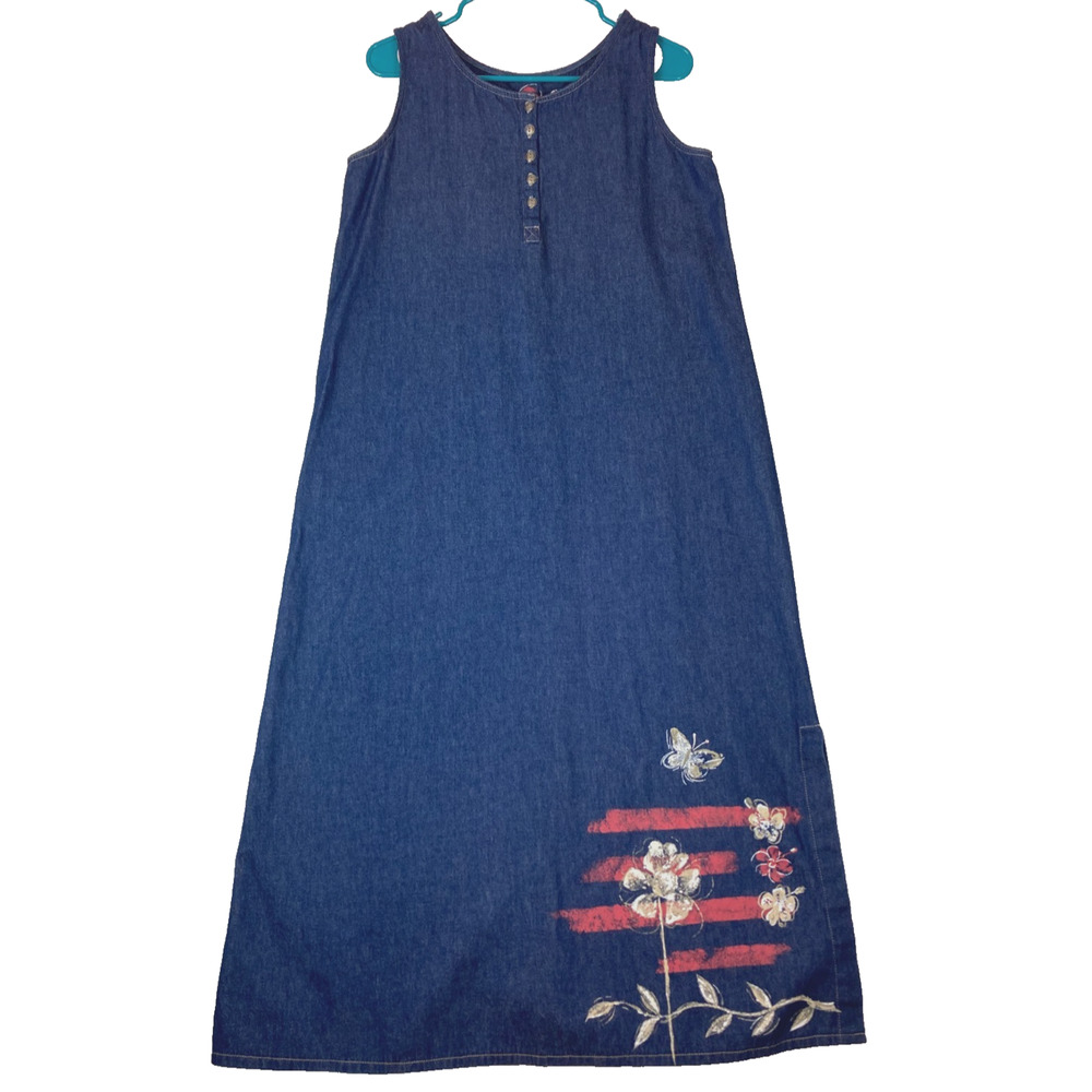 Koret City Blues Maxi Jumper Dress Blue Denim Sz Small Embellished Slit Buttons